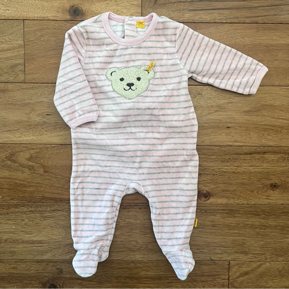 Adorable Steiff® Striped Long Sleeve Footed Pajama with Teddy Applique